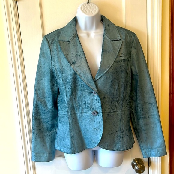 Leather Blazer Jacket Womens Large Lined Peplum Ice Blue Distressed Country Boho - Picture 1 of 17
